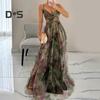 Women's Spaghetti Strap Maxi Dress Floral Boho Deep V-Neck Hollow Out Mesh Pleated Dress Summer Beach Party Swing Long Dress