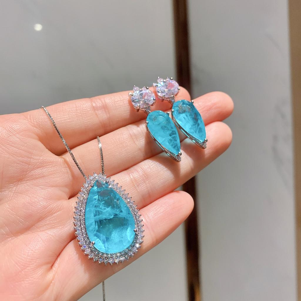 Jewelry Colored Treasure Simulation Blue Paraiba Women'S Stud Earrings 10 * 20 Pendant 15 * 25 Set