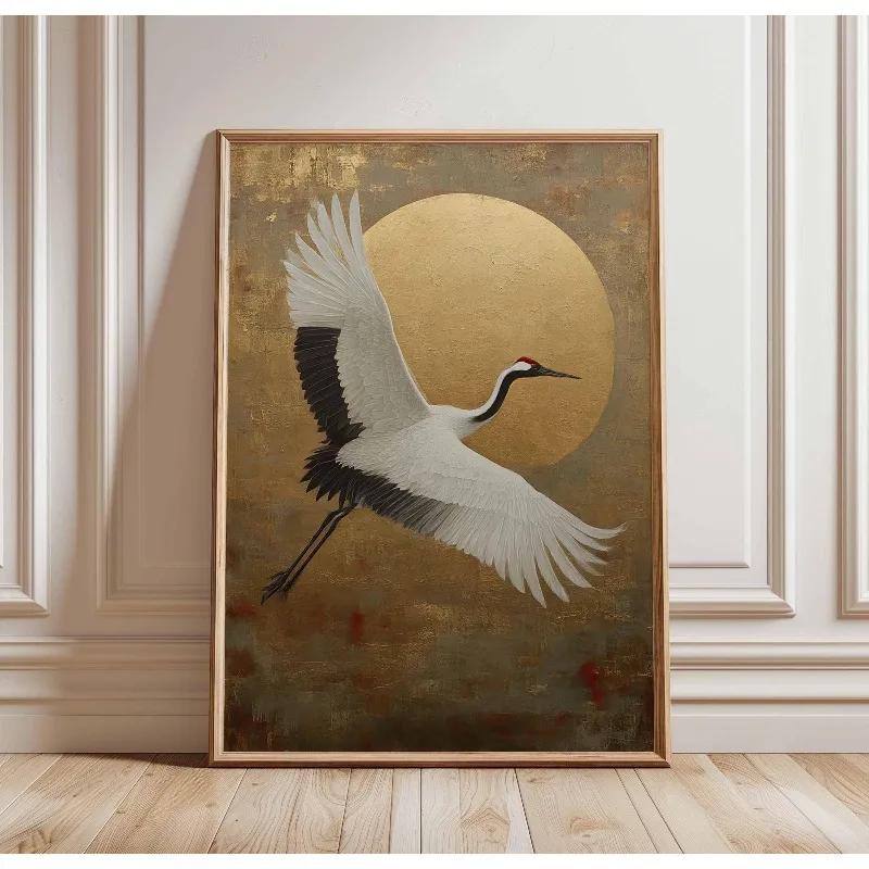 Japanische Elegante Kraniche Natur Poster Fliegende Kraniche in Gold und Weiß Leinwandbild Asiatische Wandkunst Wohnzimmer Heimdekoration
