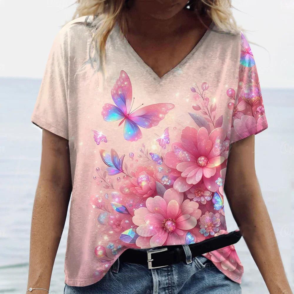 Summer Fashion Butterfly Flower T-Shirts 3D Print Women Short Sleeve V-Neck T Shirt Casual Top Y2k Harajuku Tees Female Clothing