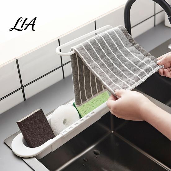 Expandable Sink Storage Rack Retractable Kitchen Organizer with Towel Hanger, Adjustable Plastic Durable Drainer Sponge Holder, Large