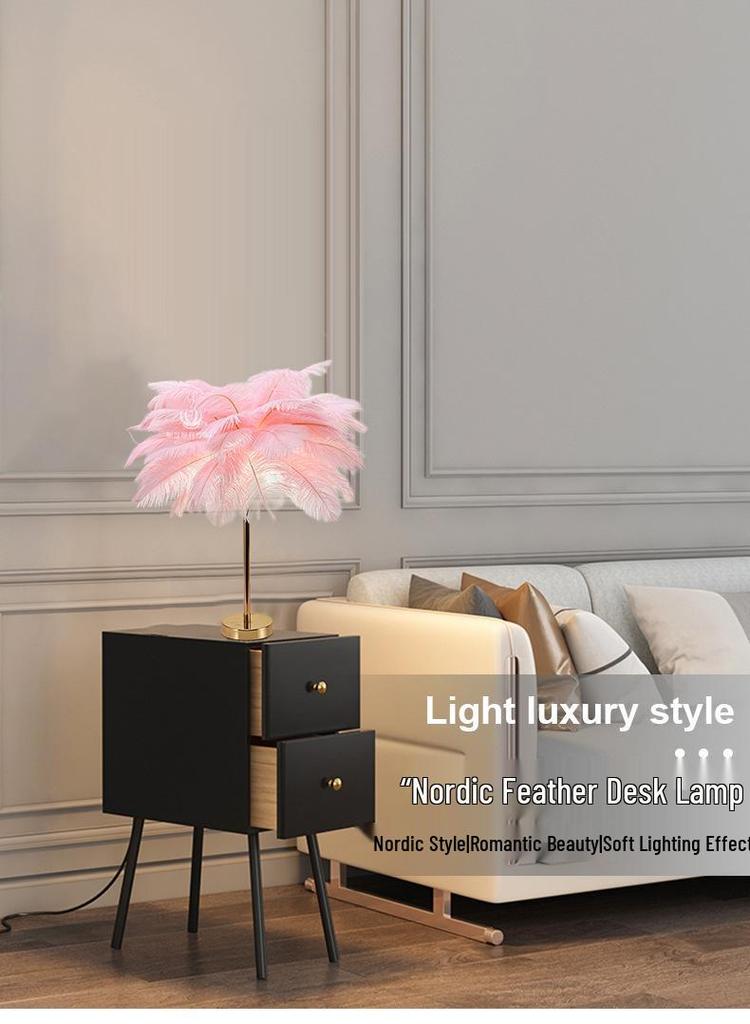 Nordic White Feather LED Desk Lamp - Natural Style for Bedroom, Restaurant, or Bookstore Decor