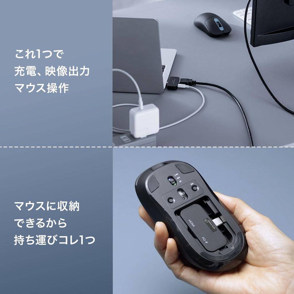 Sanwa Direct Wireless Mouse with USB Hub Function, Bluetooth Receiver, 2.4G, USB-C To HDMI Adapter, 4K60Hz, PD Charging, Rechargeable, 5 Buttons,