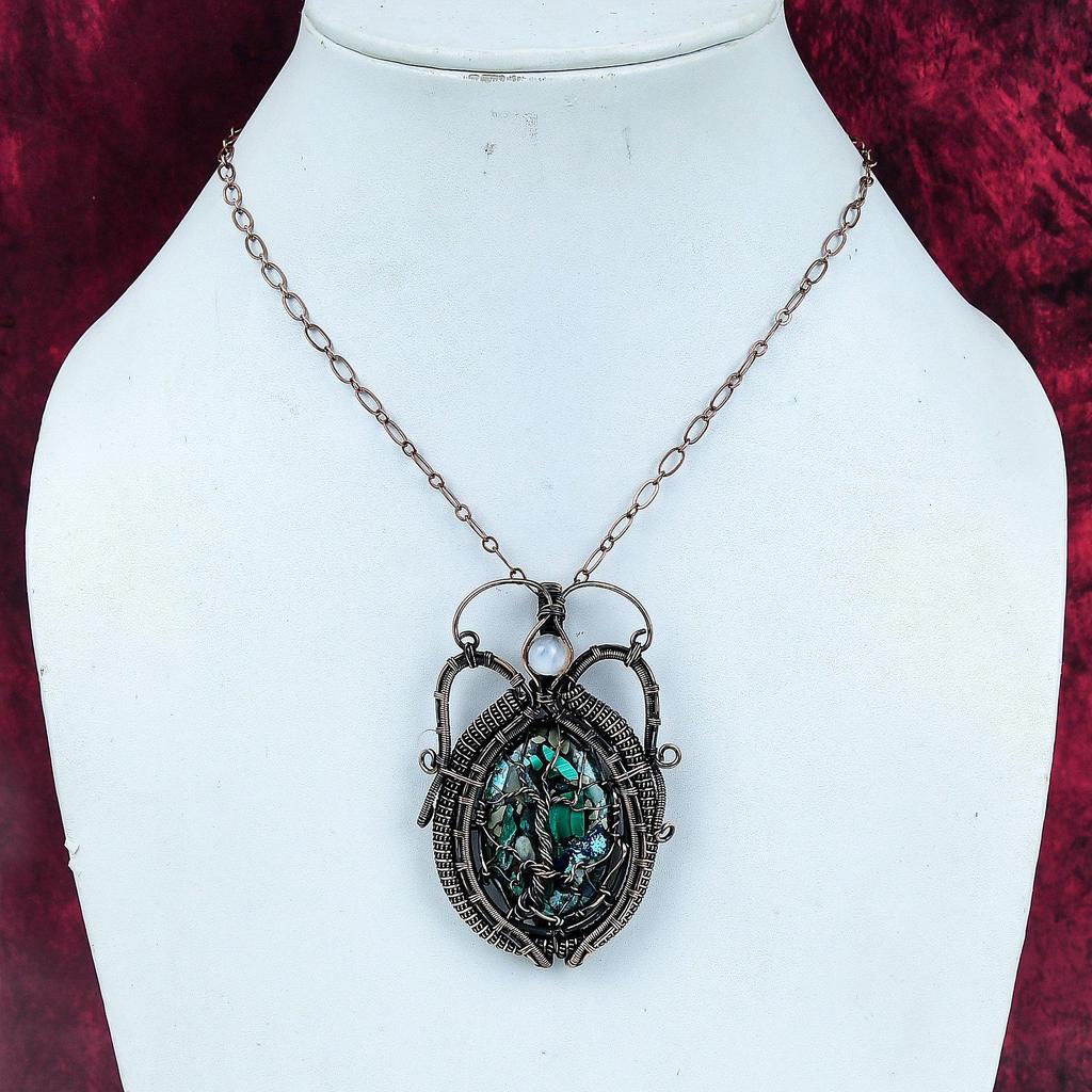Tree Of Life Copper Azurite Malachite Pendant Copper Wire Wrapped Jewelry Moonstone Gemstone Pendant