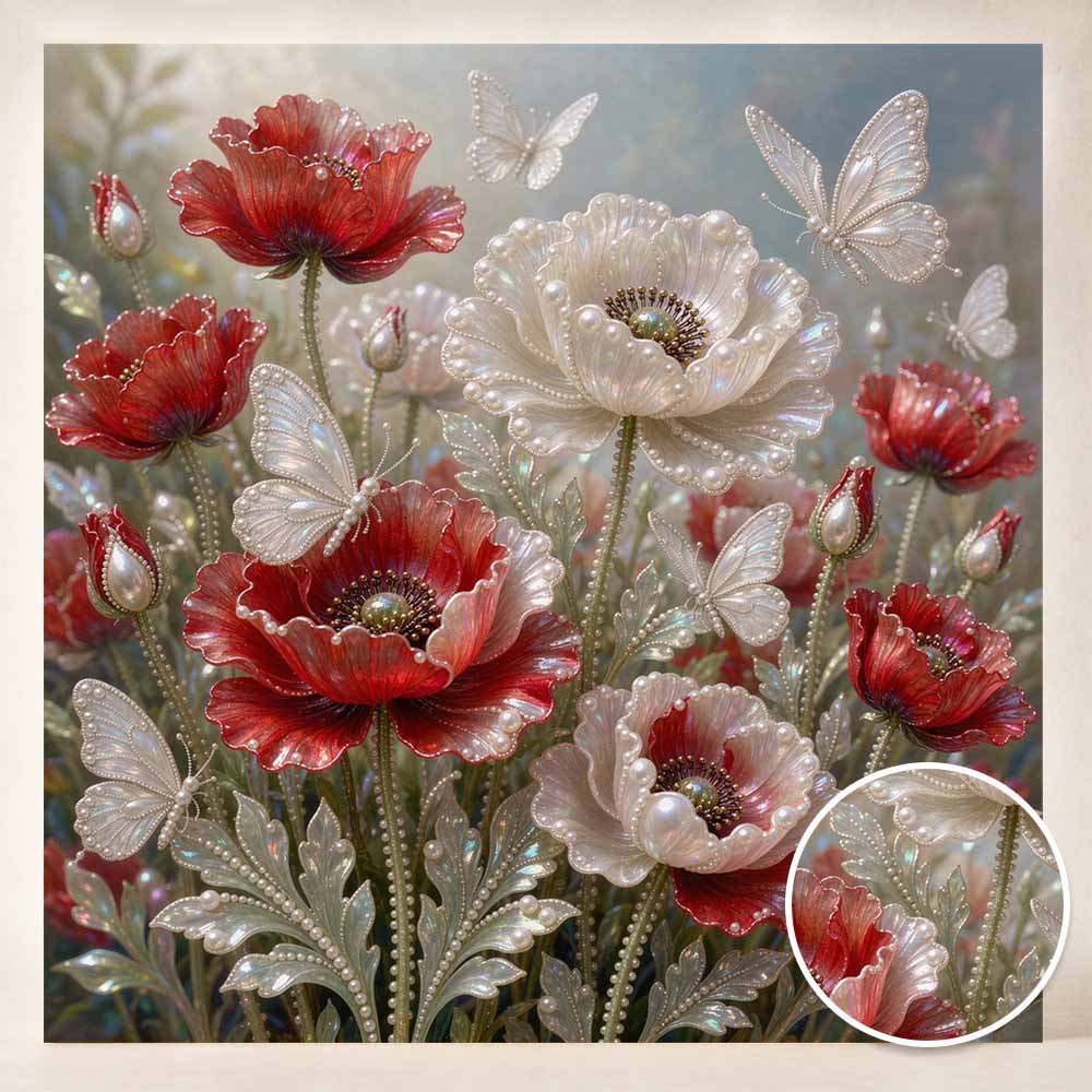 Pearl Painting 5D DIY Decorative Painting. Red Flowers and White Butterflies. Cute Birthday Gift. Handmade Art Painting