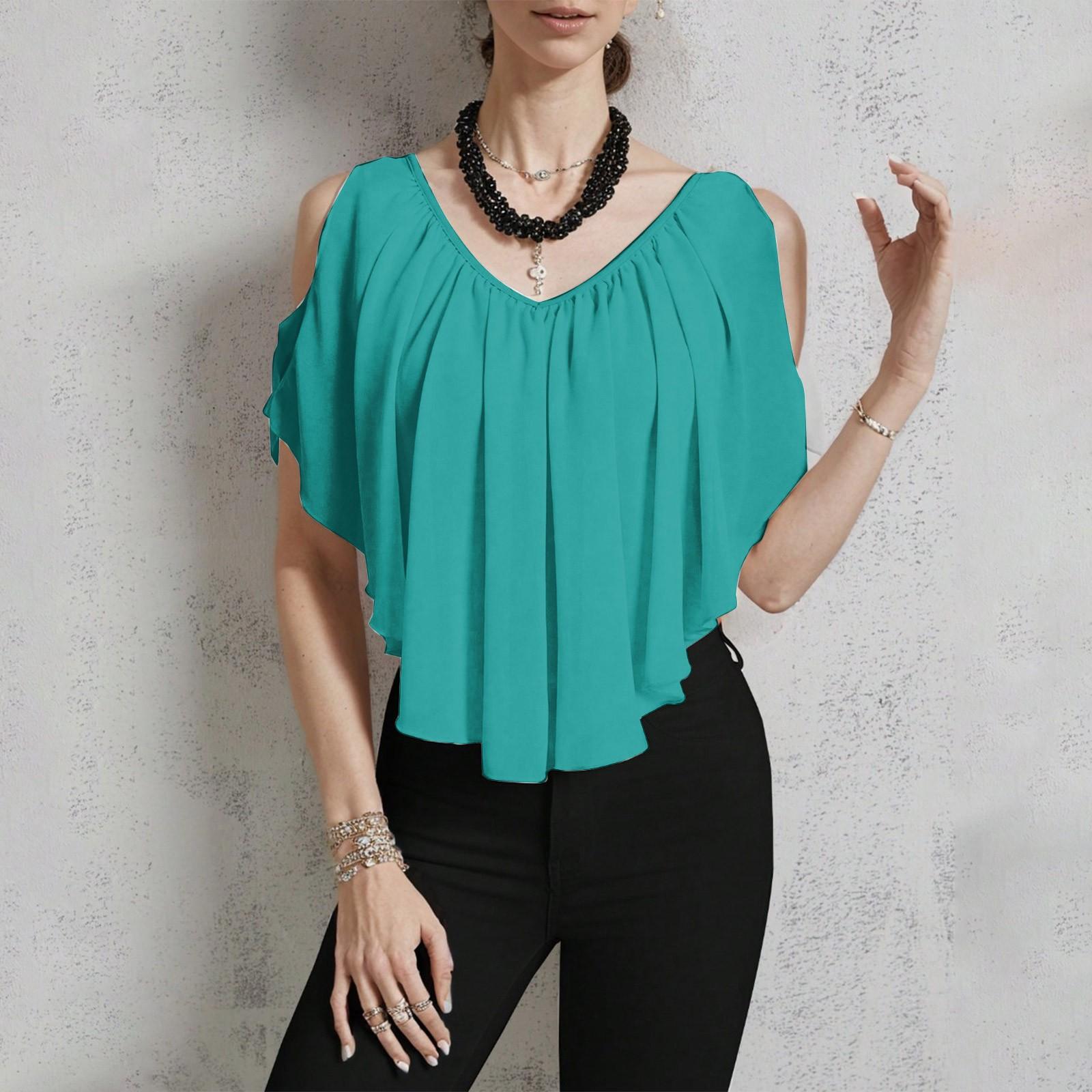 Women s Casual V-neck Off-shoulder Color T-shirt M циан