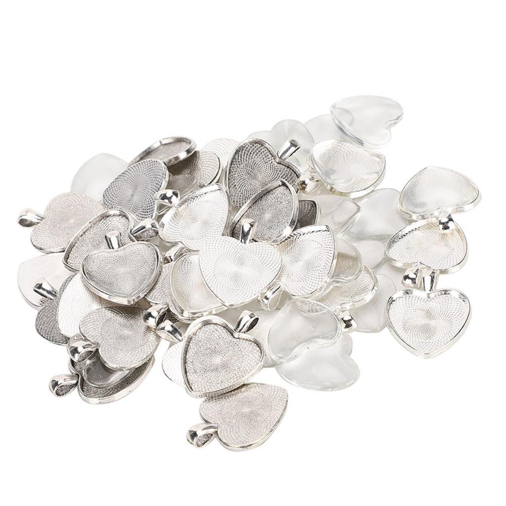 60pcs Pendant Trays Heart Shaped Pendant Setting Cabochon Base Setting with Glass Cabochon