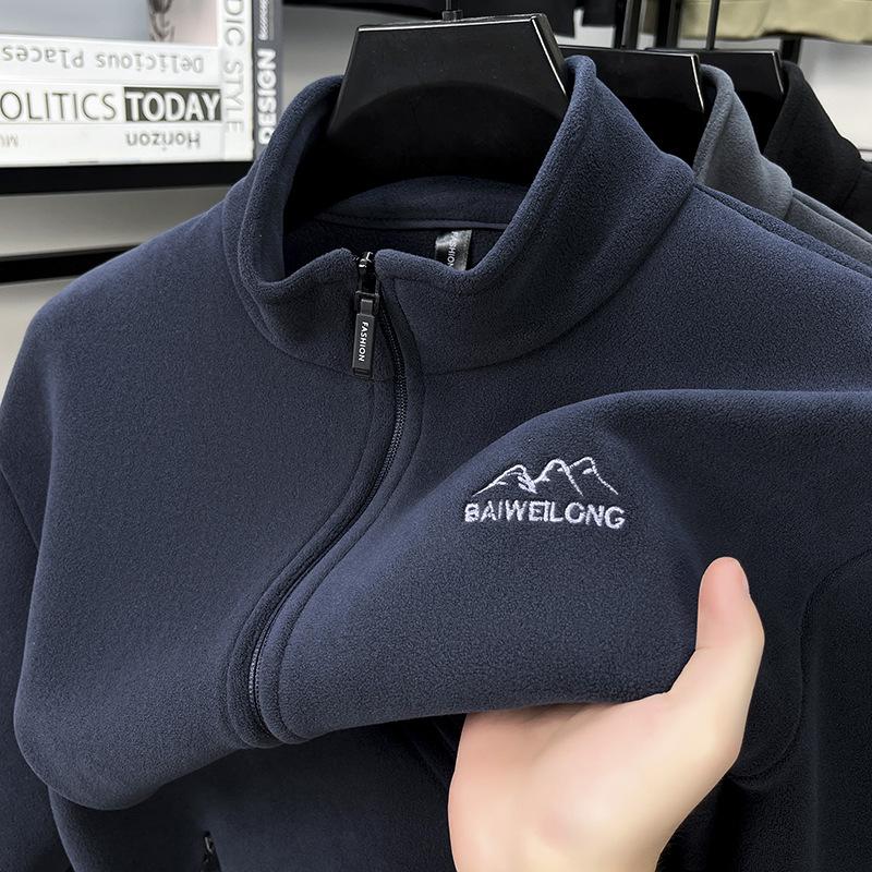 

Мужской вышитый двусторонний флисовый кардиган-куртка: Теплая, Плотная, Осенне-зимняя Верхняя одежда Свободного кроя 2XL (suggested 130-150 jin) темно-синий