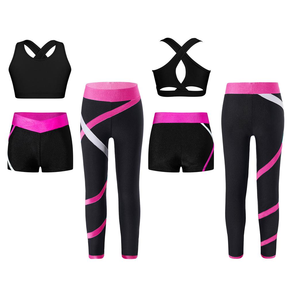 Kids Girls 3Pcs Sports Set U Neck Cross Back Keyhole Cropped Vest with Contrast Color Pants Shorts for Running Workout Yoga
