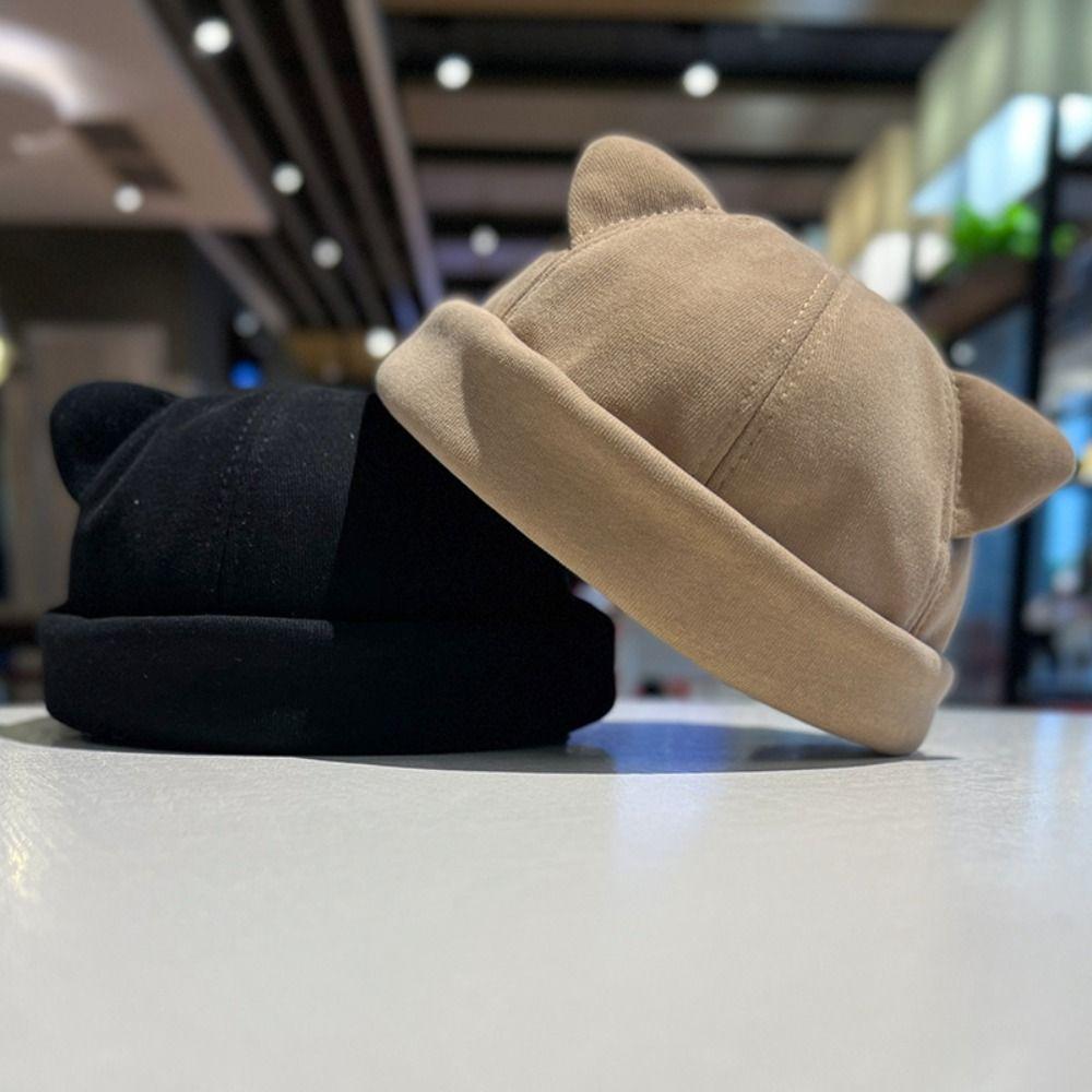 Polyester Melon Skin Cap Wool Brimless Skullies Cap Fashion Cat Ear Beanie Hat  All-match