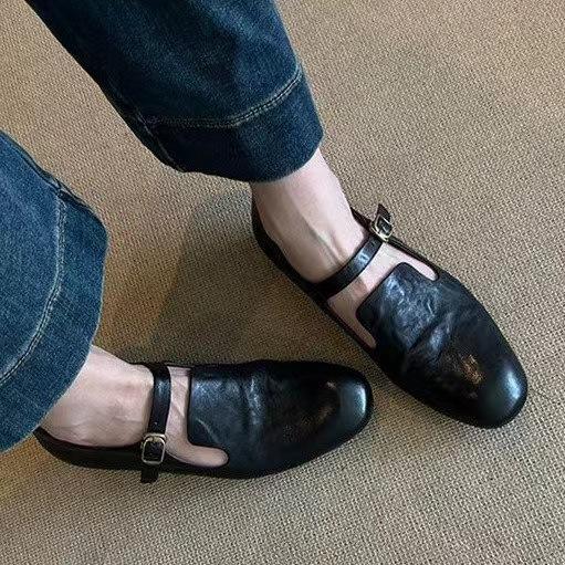 Weiche Lederversion! Britischer Stil kleine Lederschuhe Retro weiches Leder braun eckige Zehenpartie flacher Ausschnitt Ein-Wort-Schnallenriemen Pendler dicker Absatz