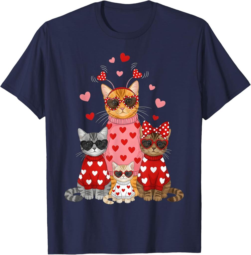 Lustiges Valentinstag Katzen Familie Grafik T-Shirt Niedliche Kätzchen Liebhaber Rundhals T-Shirt