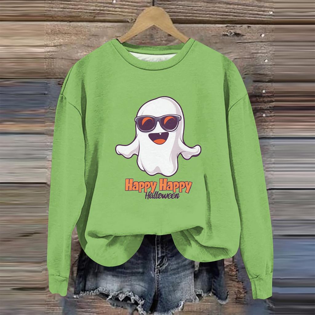 Moda feminina manga comprida estampa de Halloween gola redonda suéter top