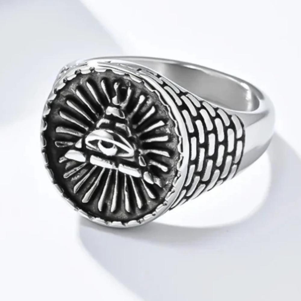 Retro Egyptian Triangle Pyramid Titanium Steel Ring Men's Eye of God Talisman Rings Jewelry Gifts