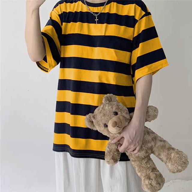 

Women T-Shirts Harajuku Goth Punk Stripe Print Short Sleeve Loose Clothes Oversized T Shirt Female Tops Hip Hop Tee Shirt M жёлтый