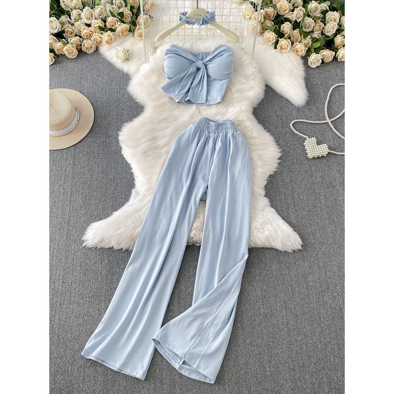 Pure Desire Style Sexy Lace-up Short With Chest Pad Tube Top Hanging Neck Top + High Waist Slimming Wide Leg Pants Two-piece Suit