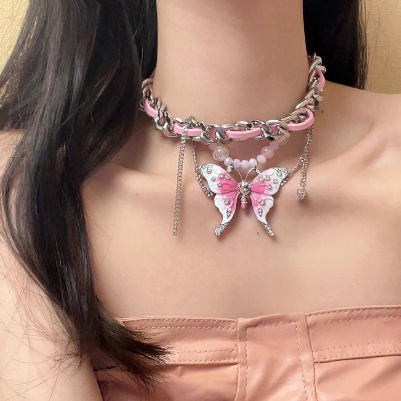 Butterfly Tassel Necklace Sweet Cool Spice Girl Temperament Exaggeration Light Luxury Design Leather Clavicle Chain Gift