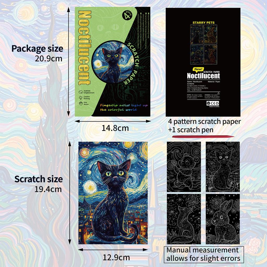 4 Pcs/Set A5 Noctilucent Diy Scratch Painting Cute Pet Animal Rabbit Panda Night Light Manual Scraping Painting Artistic Works
