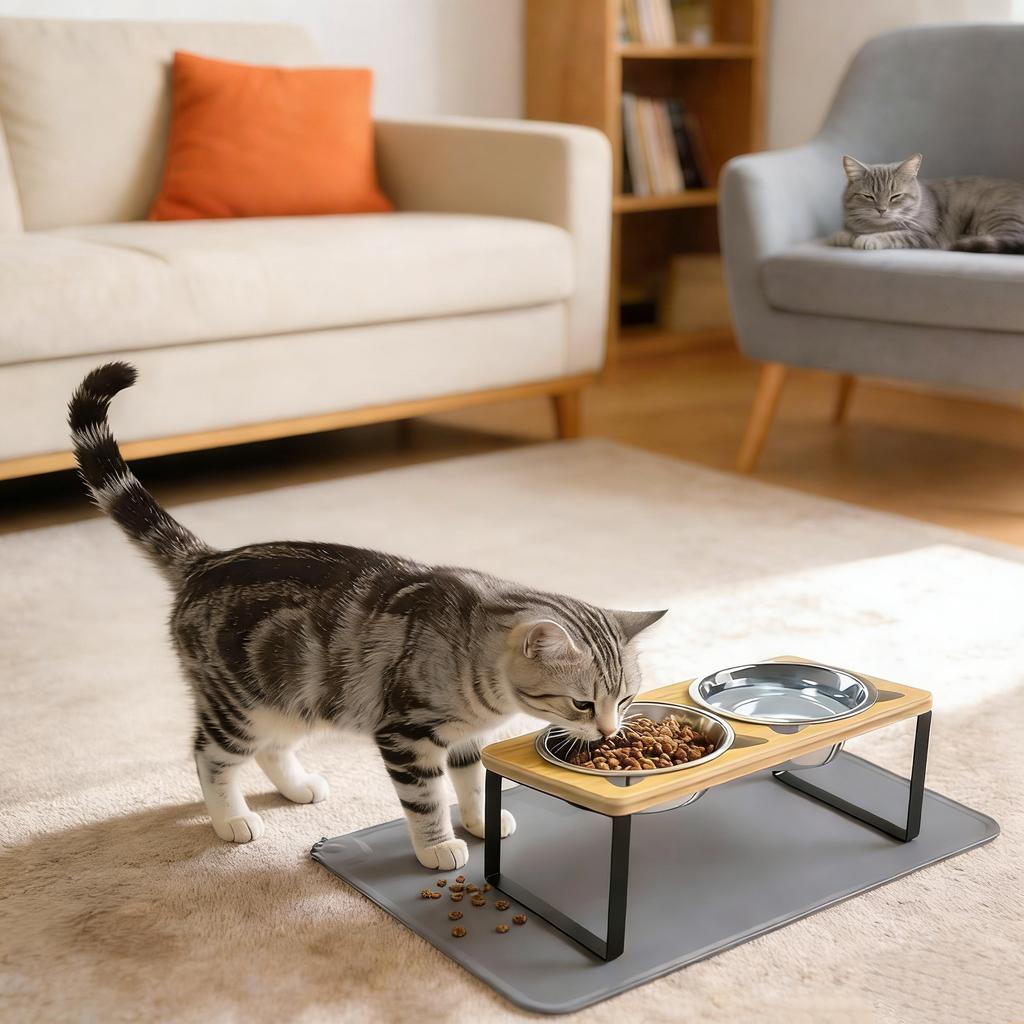 Cat Food Bowls with Wooden Stand 2 Stainless Steel Bowls for Cats Elevated Cat Bowls Pet Feeder 15° Tilted Raised