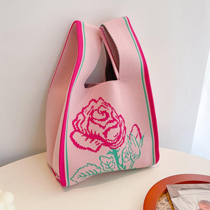 Japanese Thin Stripe Plaid Tote Bag Women Casual Color Handmade Knit Handbag Student Reusable Shopping Bag Keys Purse Handle Bag