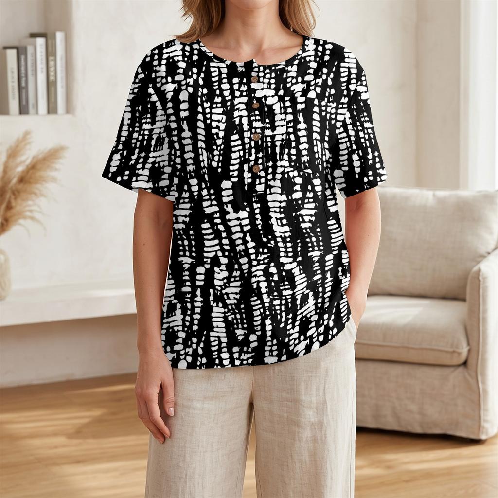 Camicia Casual da Donna con Stampa, Collo Henley, Manica Corta, Cotone e Lino, Tasca Frontale e Bottone, Vestibilità Rilassata