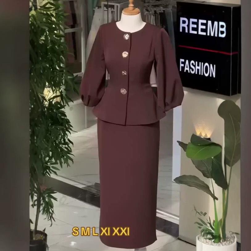 Spring and Autumn New European and American Amazon Cross-border Round Neck Long-sleeved Suit Top Hip Skirt Suit
