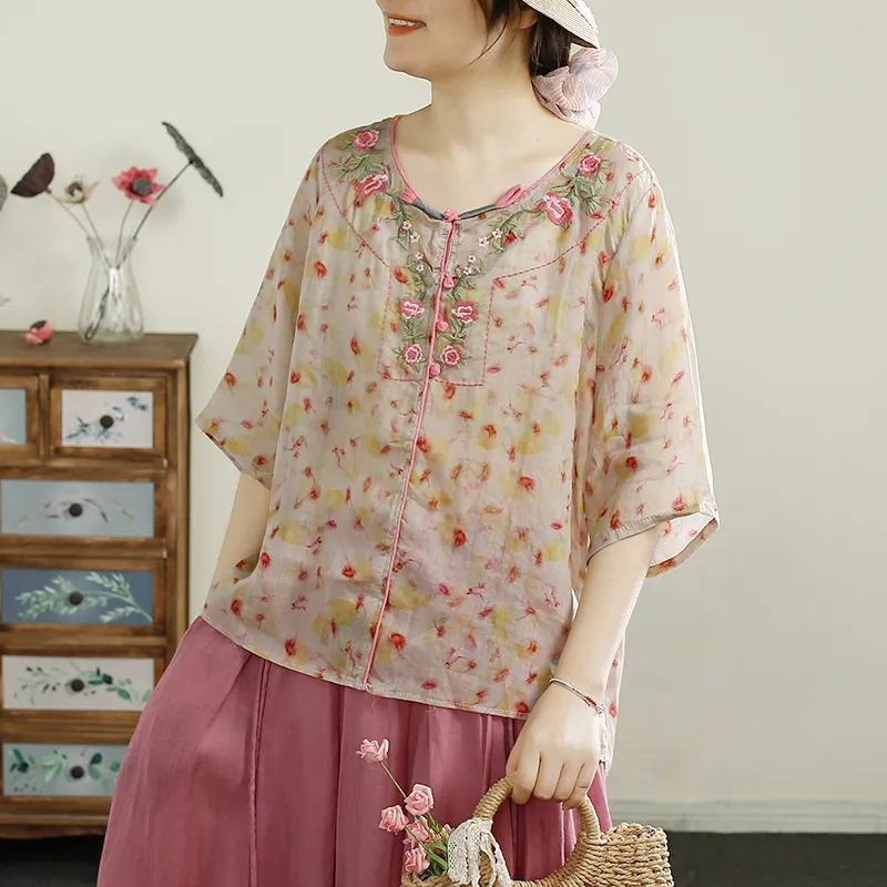 

Womens Floral Print Embroidered Round Neck 3/4 Sleeve Linen Blouse OneSize жовтий