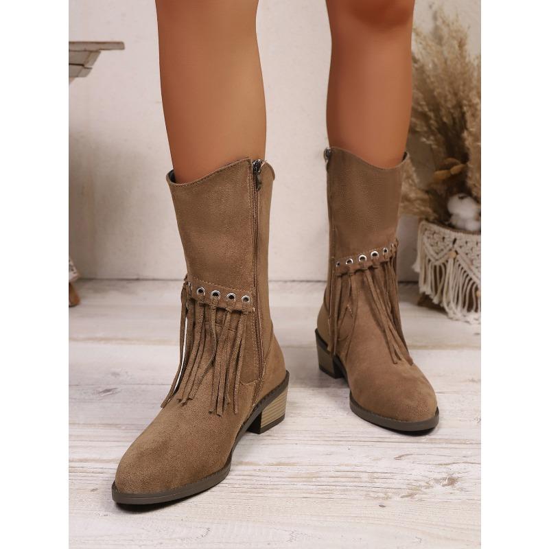 Plus Size Fringe Boots Women's Winter 2025 New Vintage Side Zipper Western Cowboy Boots