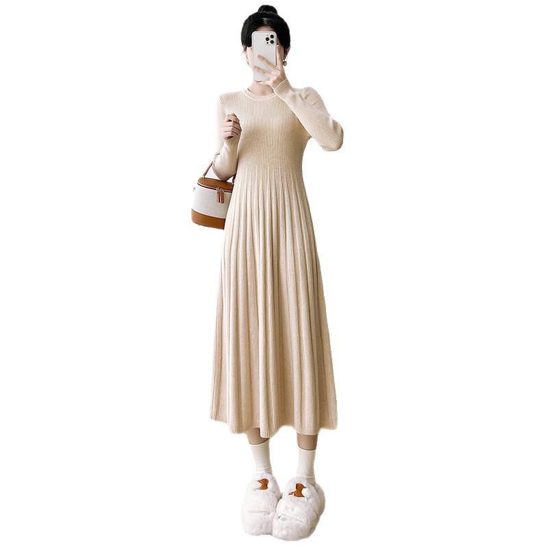 Womens Long Sleeve Knit Dress With Pleated Skirt Slim Fit Mid-Length Sweater Winter 2026