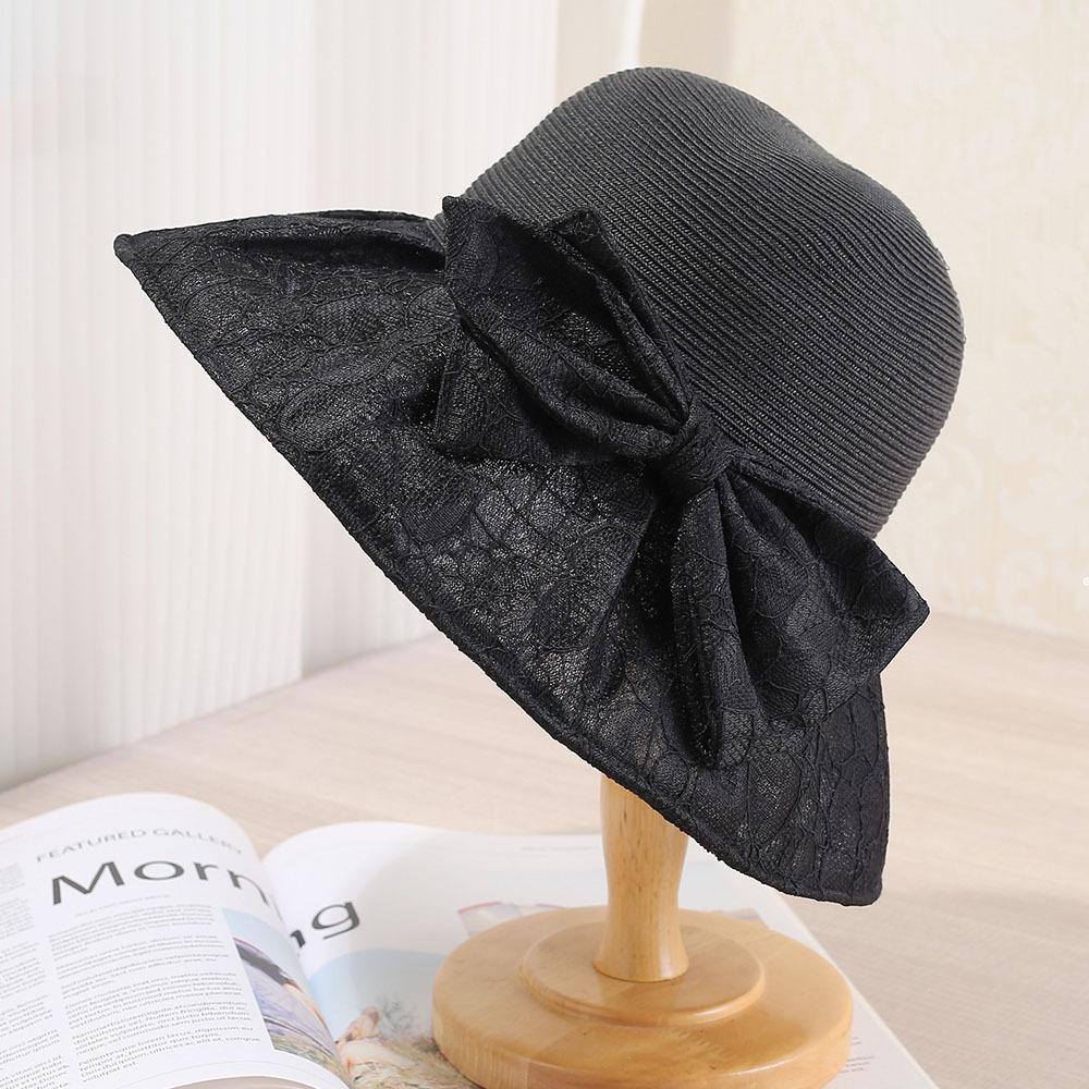 Big eaves sunshade summer fashion lace bow bucket hat women's simple and elegant sunscreen face covering straw sun hat
