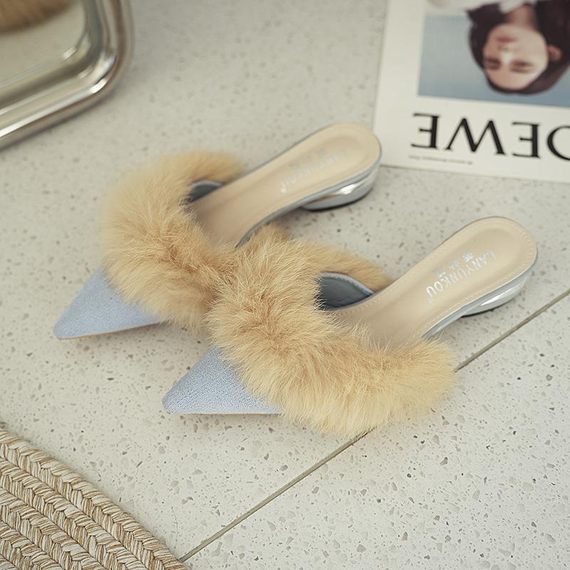 

Тапочки Baotou женские 2024 новые мохнатые остроносые норковые классные тапочки бархатные на плоской подошве модная верхняя одежда обувь muller 40 синий