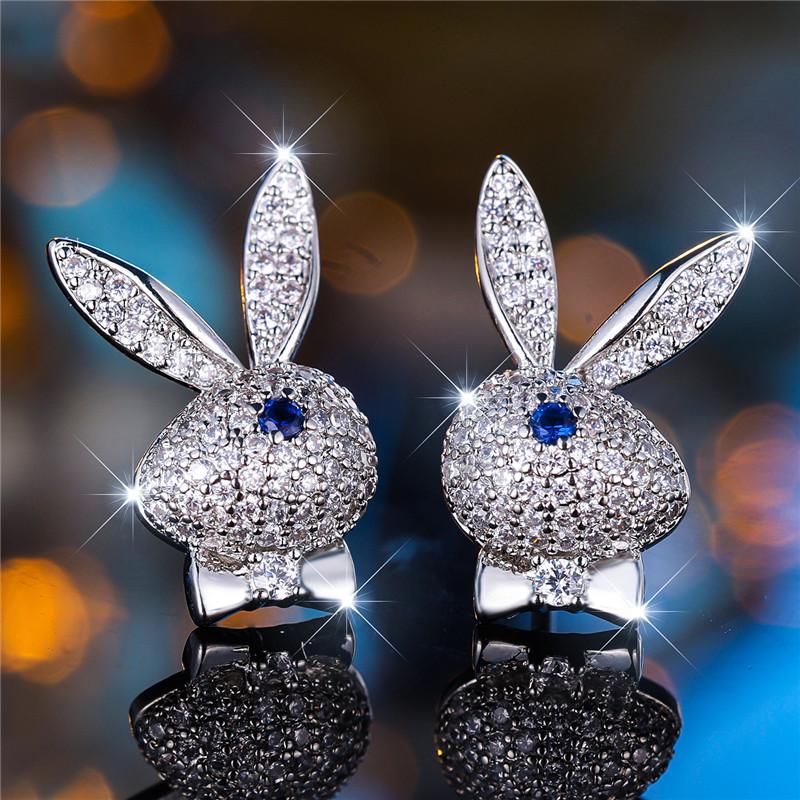 Female Crystal Blue Rabbit Animal Stud Earrings Vintage Silver Color Wedding Jewelry For Women