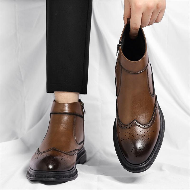 Autumn Winter New Big Size Chelsea Boots Men Fleece Keep Warm High Top Ankle Boots Male Solid Color Cow Leather Brogue Shoes Man