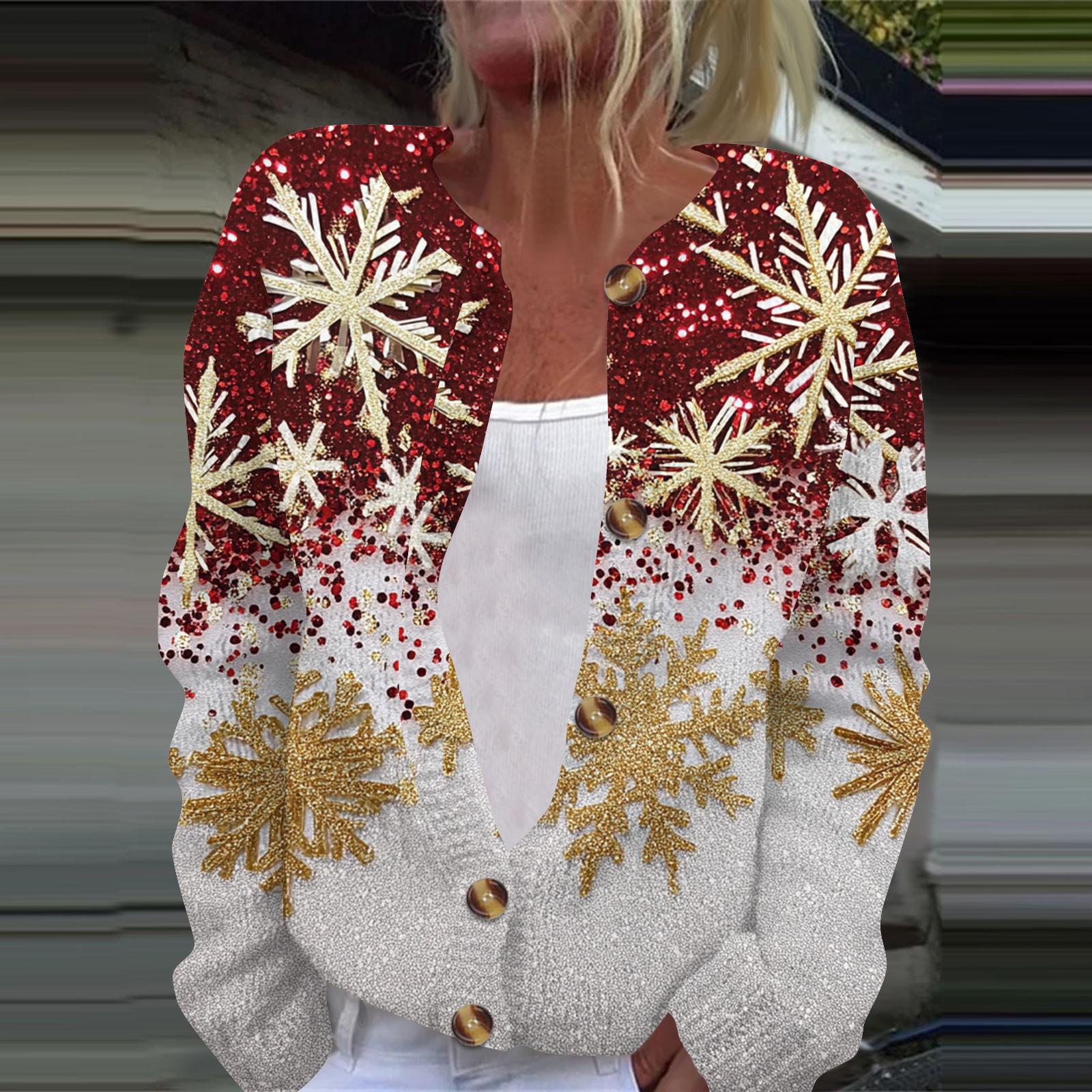 

Женская мода рождественский принт длинный рукав вязаный кардиган пуховик XXXL золотой