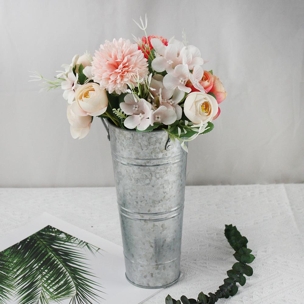 3pcs Set Iron Wrought Simple Argent Vase and Two High Quality Simulation Bouquets for Living Room and Dining Room Decoration