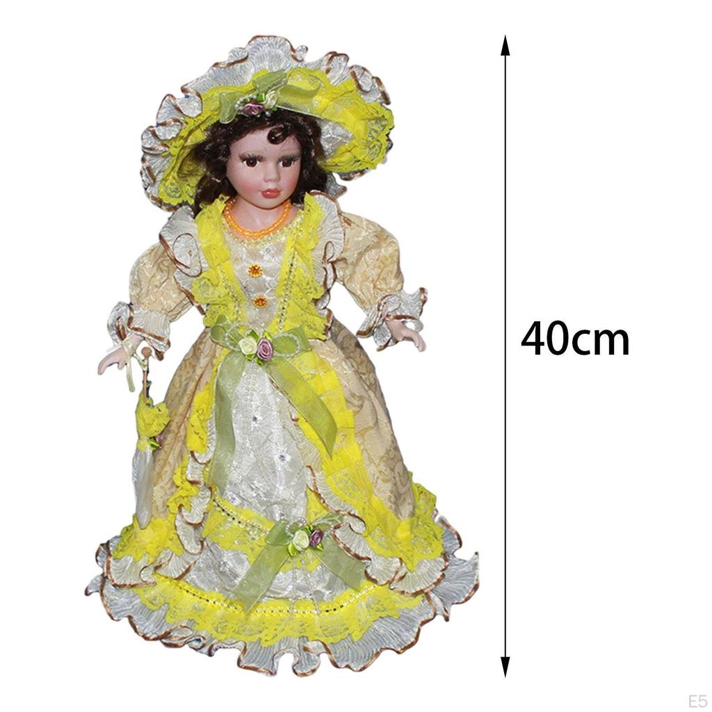 16inch Ceramic Doll with Hat and Hair Porcelain Beautiful Woman Miniature Figure for