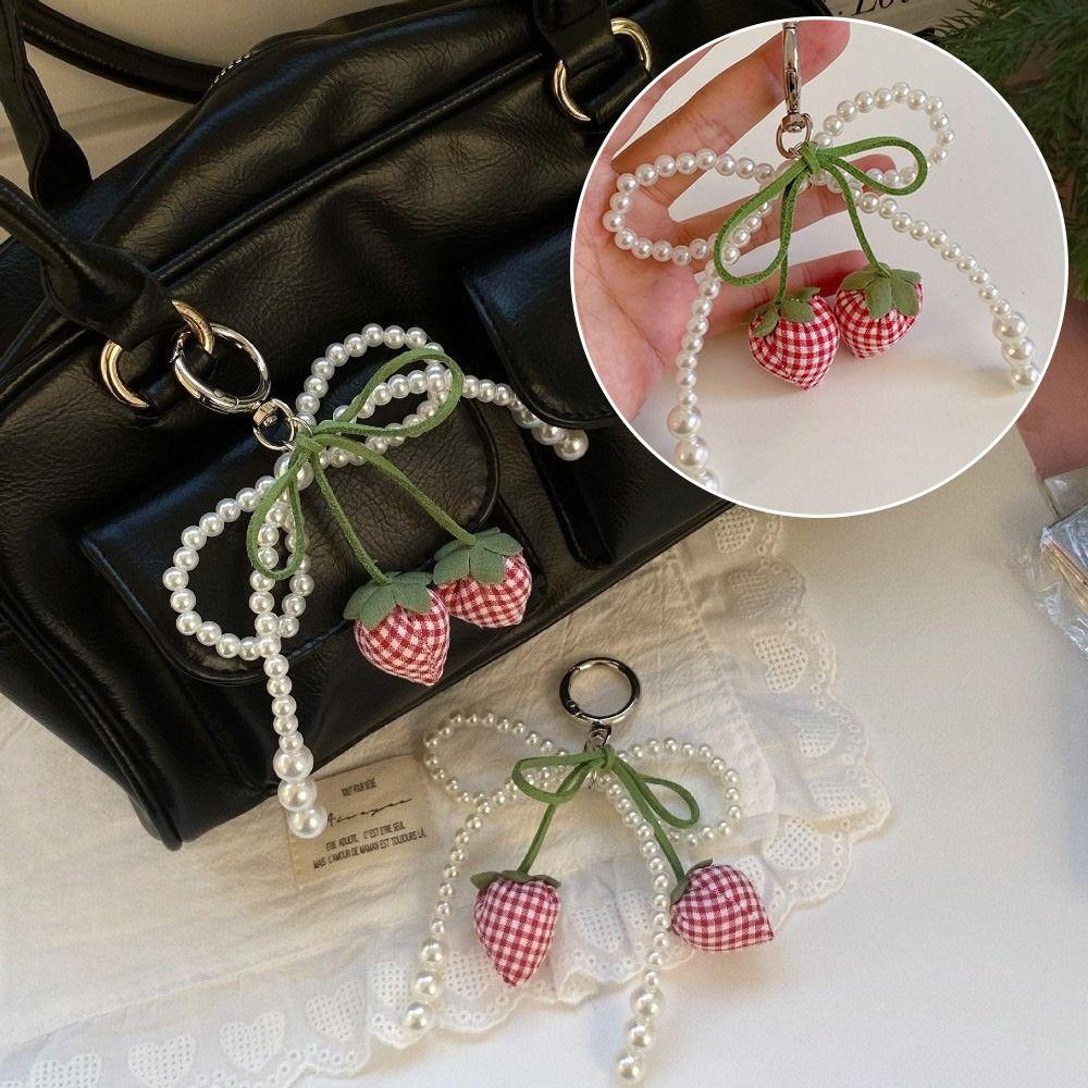 New Pearl Bowknot Strawberry Bow Keychain DIY Jewelry Style Pearl Bow Bag Accessories Mobile Phone Pendant Mobile Phone Chain
