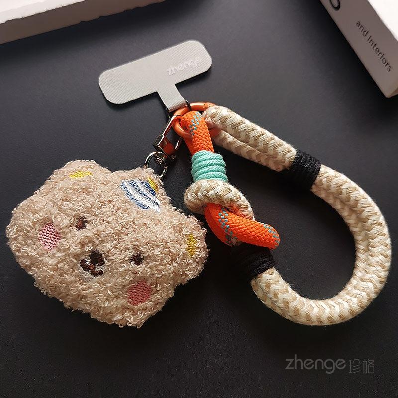 Plush bear pendant, mobile phone lanyard ins fashionable women's wrist woven short thumb ring, small sling.