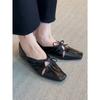 Sheepskin~ Square Head Pleated Hollow Mary Jane Shoes Women's Bow French Temperament Low Heel Single Shoes Light Mouth Small Leather Shoes