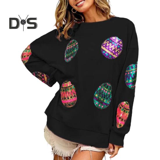 Women Tops Round Neck Long Sleeve Loose Fit Tee Shirt Sparkling Sequins Easter Eggs Decor Elastic T-shirt