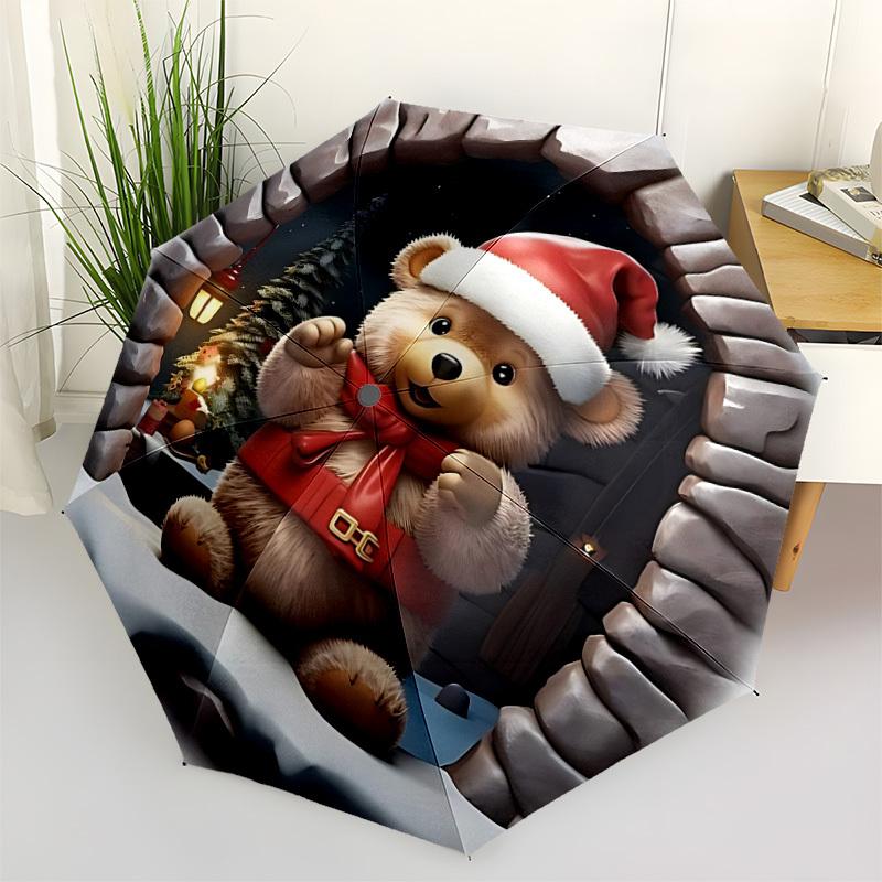 

1pc Christmas Bear Ornament Automatic Umbrella - Stylish, Durable, with 8-Rib Manual Open Design, Elegant Black Handleyy250920200