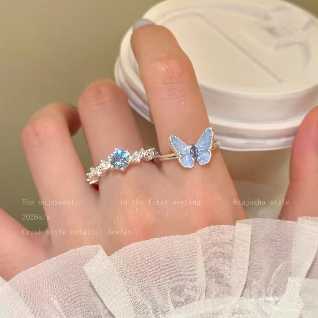 Ins Cold Wind Ice Blue Broken Diamond Butterfly Flower Light Luxury Open Ring Women's Simple Fashion Stacked Ring