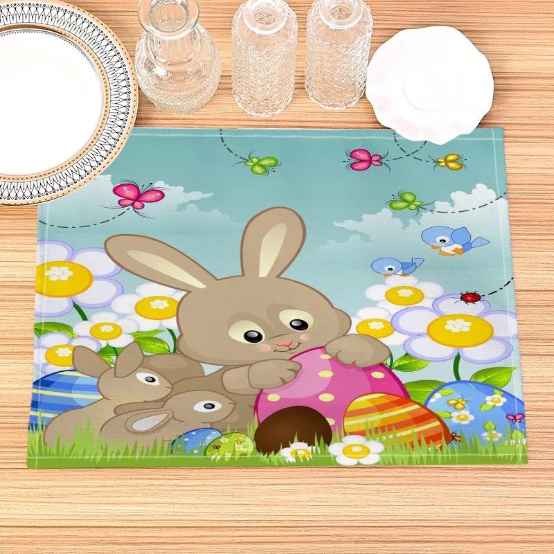 Easter Bunny Pattern Placemat Cotton Linen Fabric Table Mats Family Dinner Tableware Kitchen Size 30X45 Cm Table Mat