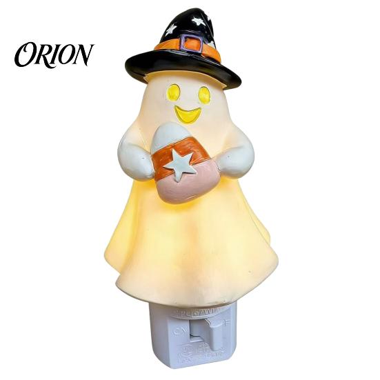 Decorative Wall Light Halloween Pumpkin Ghost Night with Witch Hat, Resin Soft Glow Unique Decor Plug-in LED Bedroom Light, Spooky Sconce for