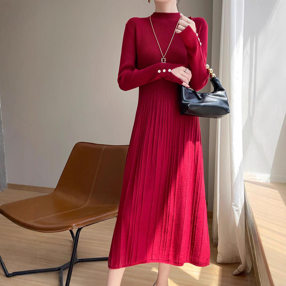 Semi-turtleneck Solid Color Sweater Skirt Autumn and Winter Temperament Versatile Long Dress Slim and Thin a Word Knitted Bottoming Dress Women