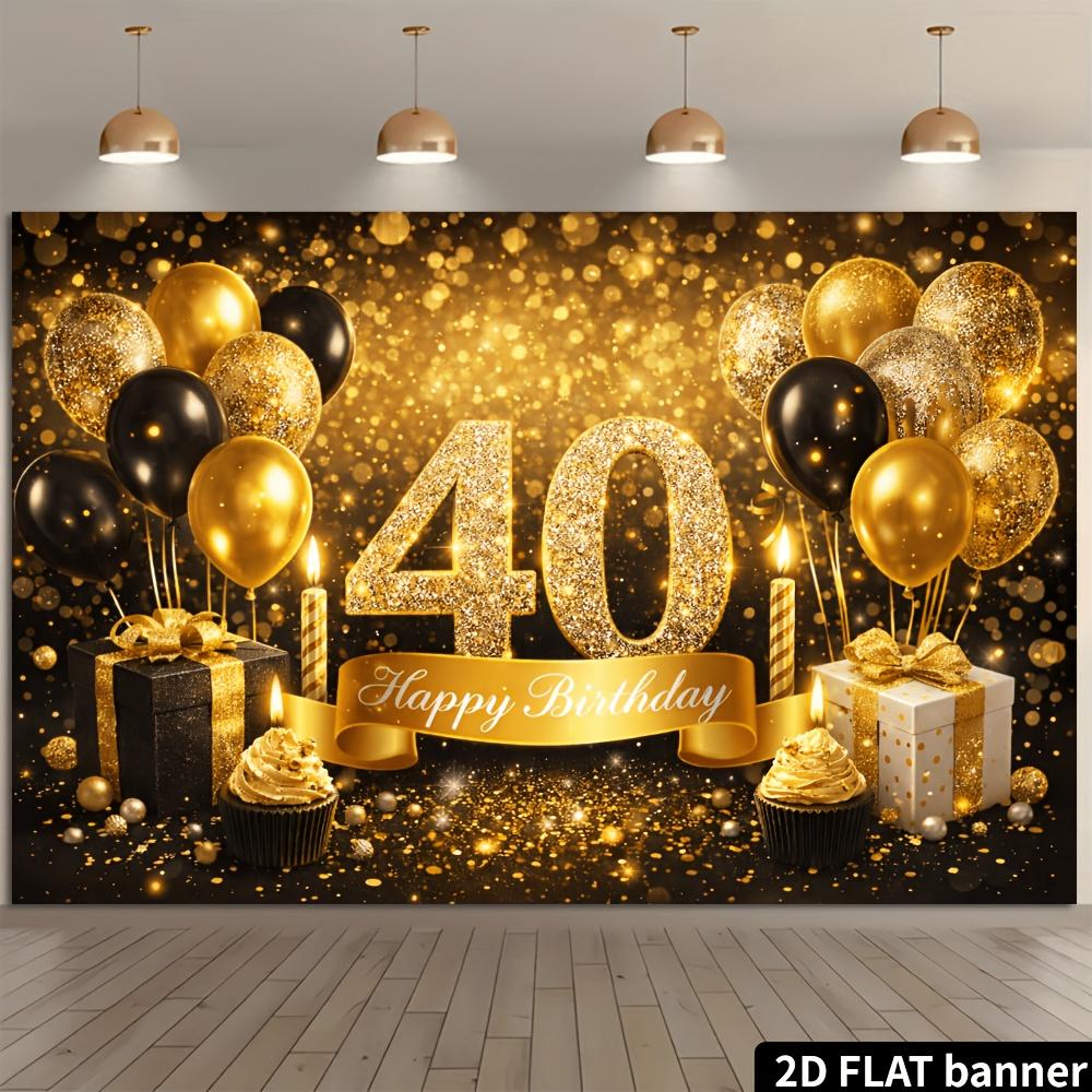 2D-Ebene 40. Geburtstag Party Banner Hintergrund mit Schwarz-Gold-Glitzer-Thema, hergestellt aus strapazierfähigem Polyestermaterial