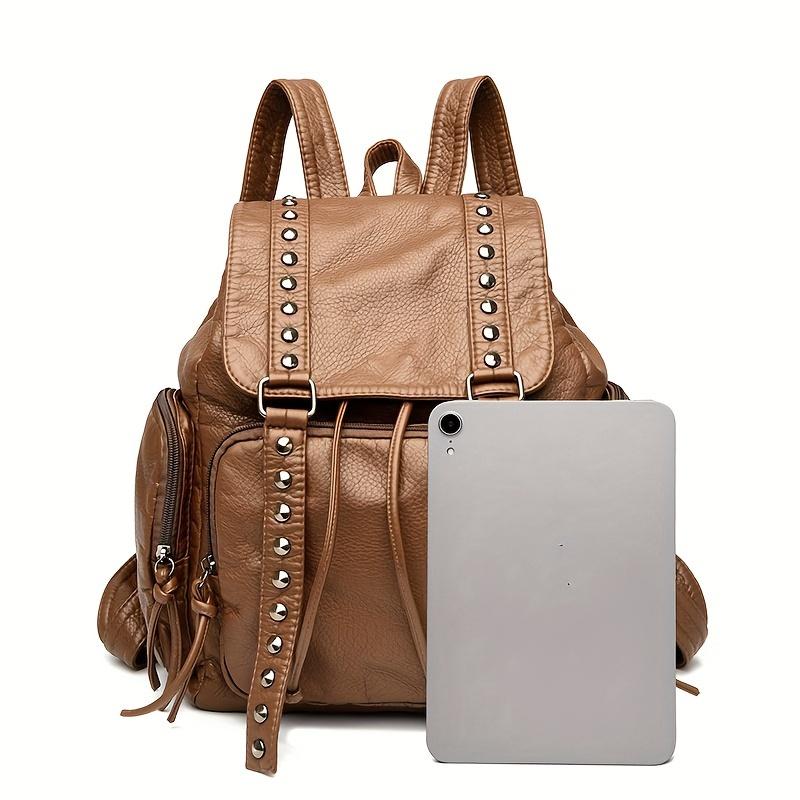 Fashion Rivet Flap Backpack, Punk Style Drawstring Daypack, Vintage PU Leather Travel Schoolbag