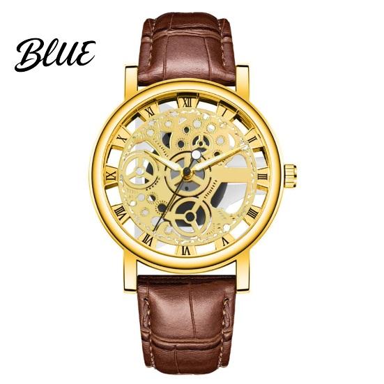 Quartz Watch Men Vintage Hollow Round Dial Faux Leather Strap