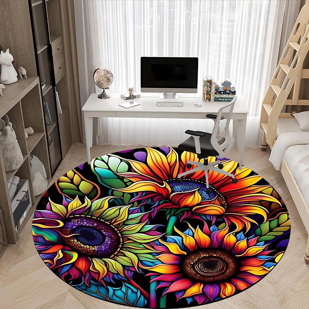 1 Stück Bunter Sonnenblumen-Buntglas-Stuhlteppich für das Büro, Runde Polyestermatte, Büro, Pflegeleichtes Gewebe, Waschbarer rutschfester Teppich