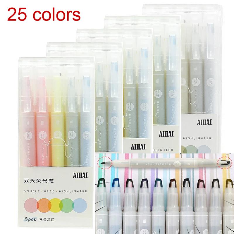 

25 Colors/Set Unique Window Tip Highlighter Pen Double Head Pastel Color highlighters Marker Kawaii School Stationery Supplies